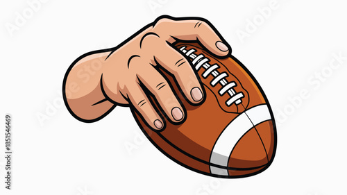A cartoon hand with tan skin firmly grips a brown American football with white laces, prepared for a play