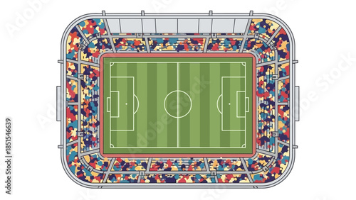 Top-down illustration of a football stadium with a large crowd attending a match