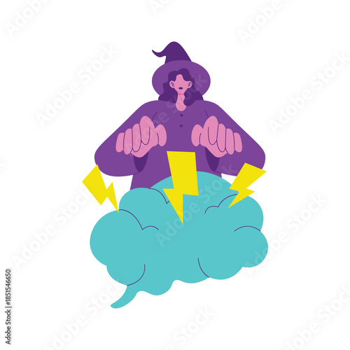 Purple Wizard Casting Lightning From Blue Cloud.