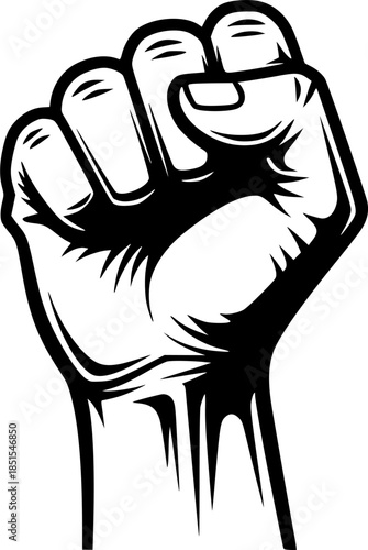 Rised fist hand gesture monochrome drawn emblem. Vector hand clenched into fist and rising up, symbol isolated on white background. Power sign. Human hand up in the air