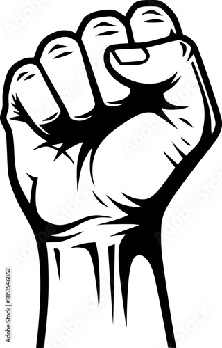 Rised fist hand gesture monochrome drawn emblem. Vector hand clenched into fist and rising up, symbol isolated on white background. Power sign. Human hand up in the air