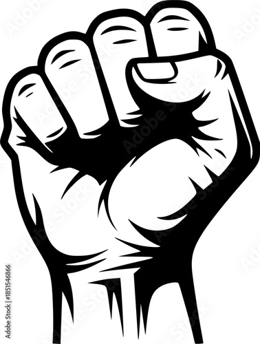 Rised fist hand gesture monochrome drawn emblem. Vector hand clenched into fist and rising up, symbol isolated on white background. Power sign. Human hand up in the air