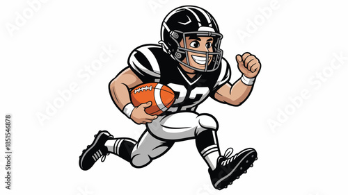 A cheerful cartoon American football player in a black uniform runs holding a football with a big smile