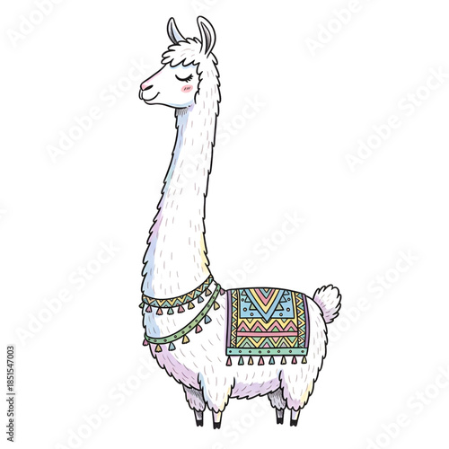 Serene white llama with colorful traditional Andean blanket