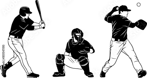 Set of baseball players vector silhouettes. Group of baseballer, isolated ink drawings 3 people