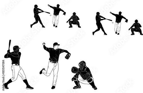 Set of baseball players vector silhouettes. Group of baseballer, isolated ink drawings 3 people