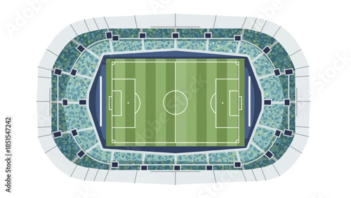 Aerial illustration of a football stadium with a vibrant green pitch and crowded spectator stands, ready for a match.