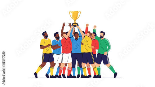 Diverse Male Team Joyfully Celebrating Victory, Raising Golden Trophy Together, Dynamic Sports Illustration