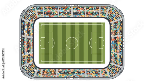Aerial View of a Football Stadium with Green Pitch and Spectators in Stands - Vector Illustration