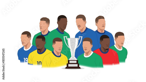 Diverse soccer team celebrating victory with a championship trophy illustration