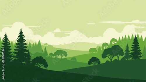Vector panoramic landscape with green silhouettes of trees and hills
