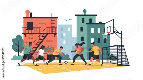 Diverse group of young adults playing an energetic soccer match on an urban street court illustration