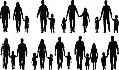 Family silhouette vector set, diverse family groups, parents and children holding hands, black and white illustration, social unity, bonding