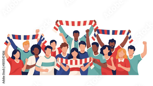 Diverse crowd of cheering fans with national flags celebrating a victory or event