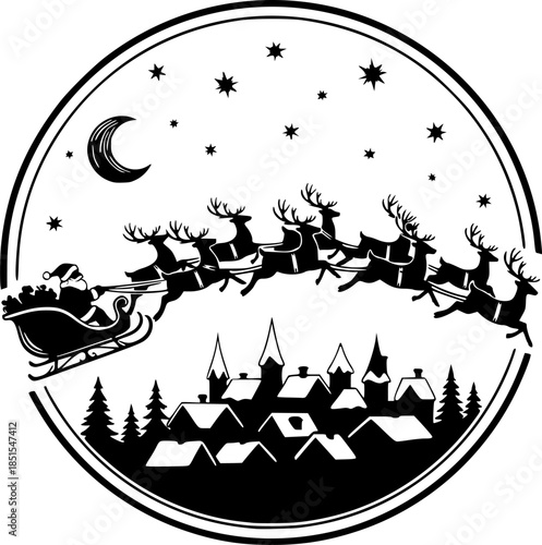 Vector Christmas black and white illustration with Santa Claus riding his sleigh pulled by reindeers.