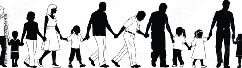 Family silhouette vector, adult and child, holding hands, walking together, black figures, minimal design, parenting concept, generational bond, unity