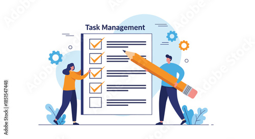 Man and woman collaborating on task management by checking off items on a large checklist with a giant pencil illustration.