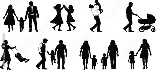 Family silhouette vector, parent child interaction, black figures, walking, playing, holding hands, caring moments, emotional bond, stock illustration, clipart