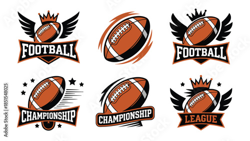 A collection of dynamic American football team badges and championship league emblems featuring a classic brown ball