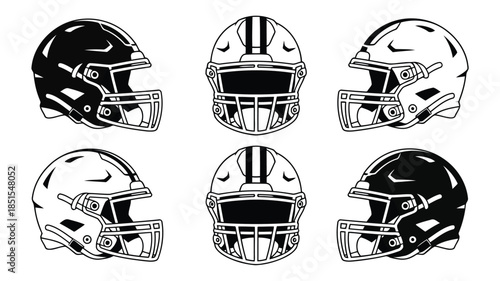 A collection of six American football helmets displayed in various angles and shades