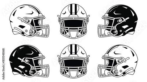 A collection of six detailed line illustrations showcasing various angles of American football helmets in black and white