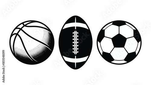 A collection of three popular sports balls, including a basketball, football, and soccer ball, on white