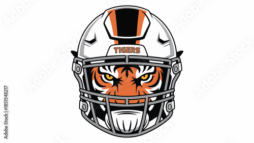 A dynamic illustration of a football helmet featuring a fierce tiger face on a clean white background