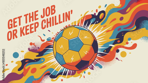 A dynamic soccer ball with lightning bolts stands amidst a swirling flow of colors and motivational text