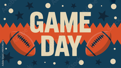 A festive Game Day banner featuring two orange American footballs on a blue background with stars and dots