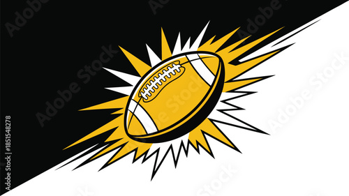 A dynamic yellow American football bursts with energy across a diagonal black and white divided background