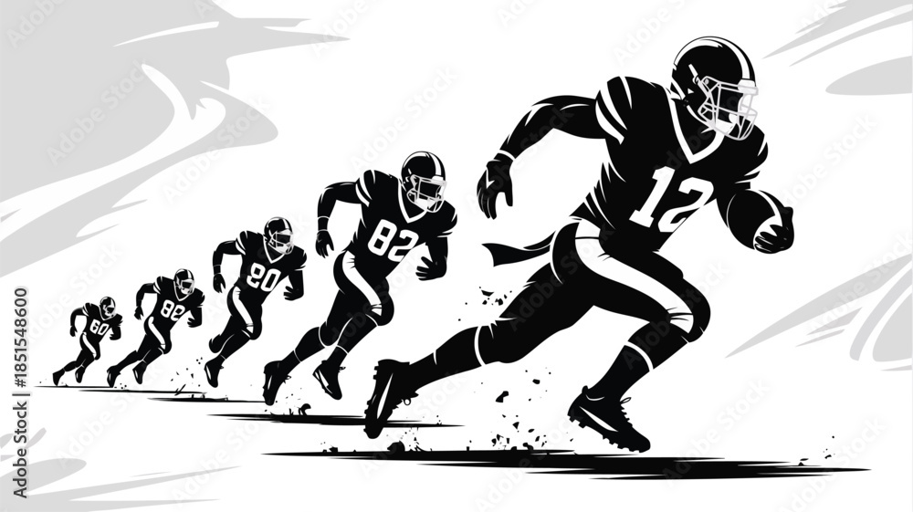 Fototapeta premium A sequence of five strong American football players running powerfully in a black and white design