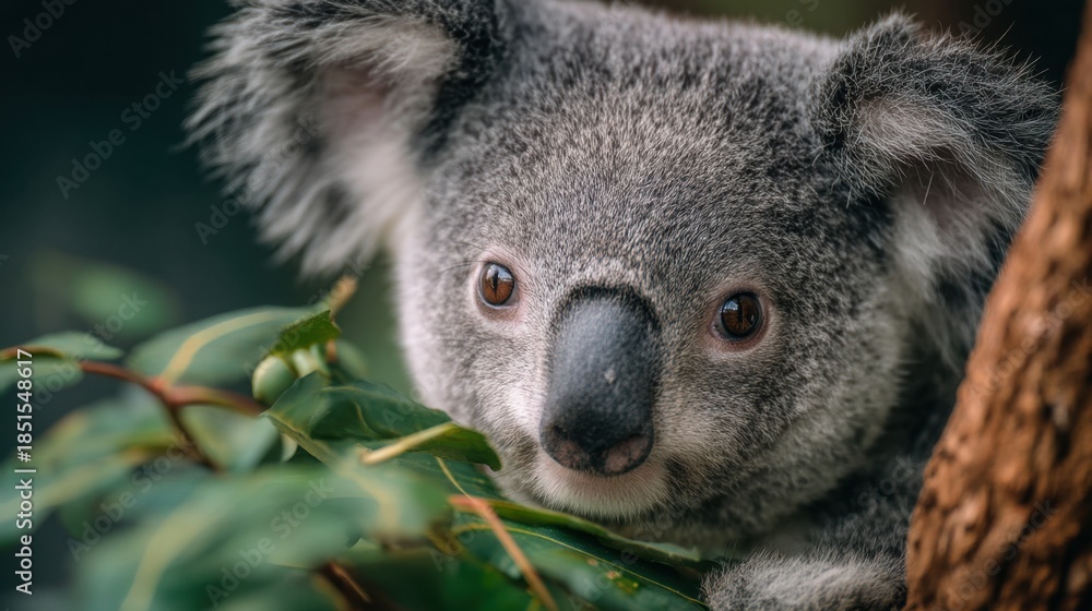 Fototapeta premium A koala sits on a tree branch surrounded by green leaves looking curiously at its surroundings. The sunlight filters through the trees creating a lively atmosphere.