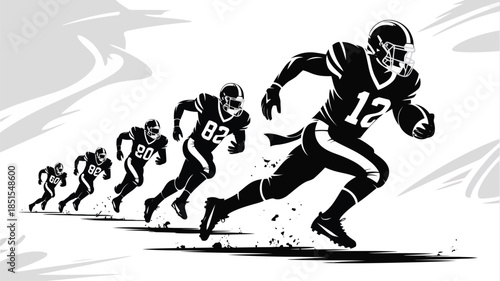 A sequence of five strong American football players running powerfully in a black and white design