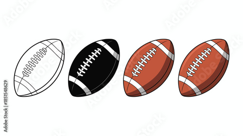A series of American football illustrations displaying various line art and colored versions