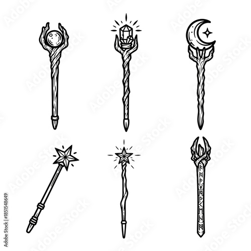Six black and white illustrations of various magical staffs and wands with mystical designs.