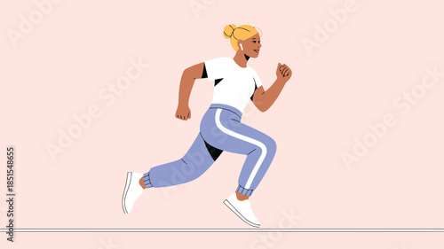 A smiling young woman runs with determination while wearing wireless earbuds and athletic clothing