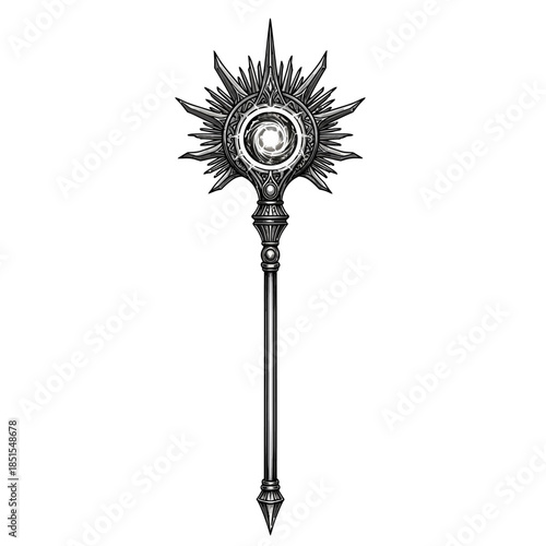 Ornate black and white drawing of a magical staff with a radiant sunburst design at its top, featuring intricate details and a central glowing orb.