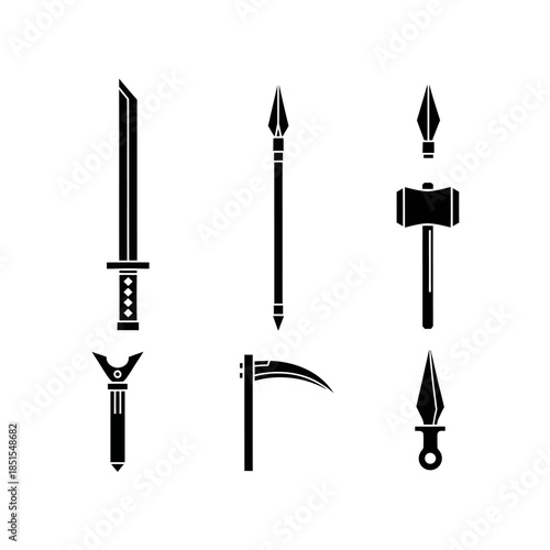 Collection of black silhouette icons depicting various fantasy and medieval weapons on a white background.
