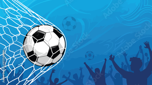 A soccer ball flying into the goal net with cheering fans in the vibrant blue background