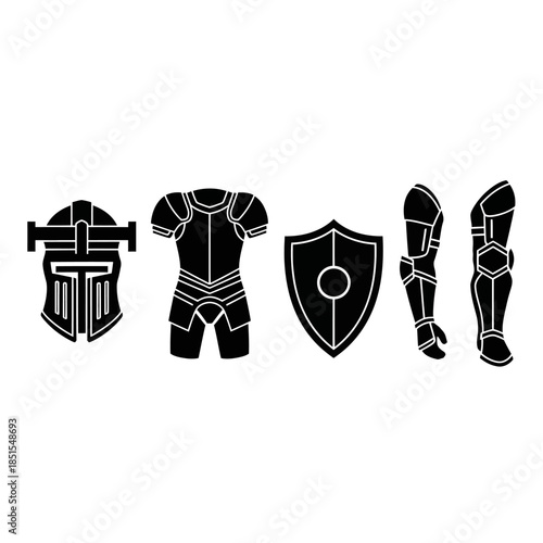 Black silhouettes of medieval knight armor pieces including helmet, chest plate, shield, and leg guards on a white background.