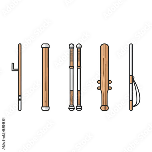 Vector illustration of various martial arts weapons and training tools including sai, staff, nunchaku, bat, and tonfa.