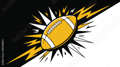 A striking yellow American football bursting with lightning energy against a bold diagonal black and white background