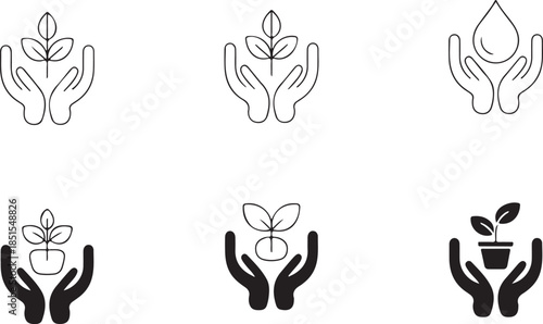 Eco Plant Care Icon Set Featuring Hands Holding Seedlings, Water Drops, and Sustainable Growth Symbols in Minimal Black Vector Style
