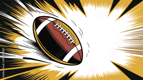 A traditional brown American football depicted with an exciting speed burst graphic on black and gold