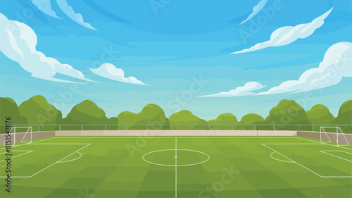 A vast cartoon soccer field with white goalposts, green grass, crisp markings, and a beautiful expansive blue sky