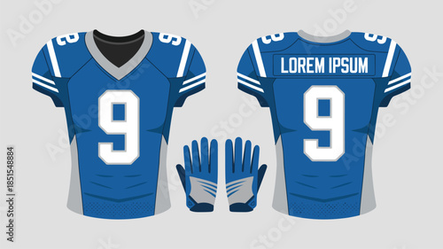 A vibrant blue American football jersey with number nine and matching gloves are shown on display