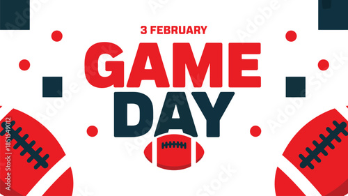 A vibrant white banner displays bold GAME DAY text with red footballs and various colored geometric shapes