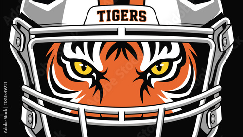 An American football helmet features the word TIGERS and glowing, aggressive tiger eyes