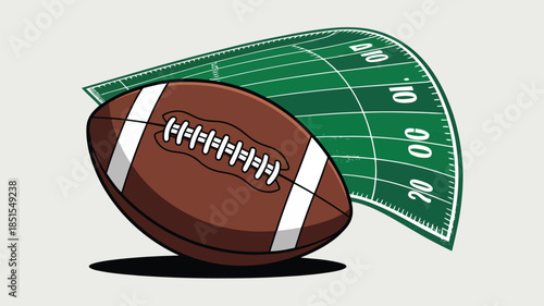 An American football is angled diagonally in front of a green stadium field showing various yard line numbers