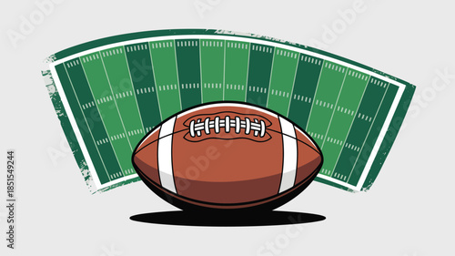 An American football rests in front of a curved green stadium field displaying yard lines on a light background
